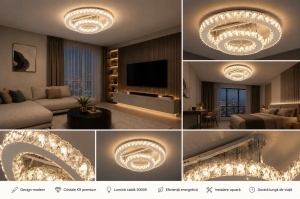 Lustră LED Dublă 66W cu Cristale și Telecomandă Finisaj Cromat 3000–6500K - Img 2