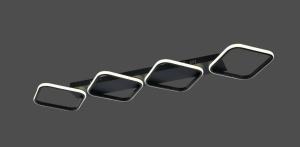 Plafonieră LED modernă cu patru rame geometrice negre iluminate, dispuse în linie