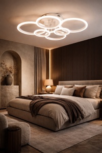 Lustră LED modernă cu sase cercuri luminoase suprapuse, realizate din cadru alb cu iluminare integrată