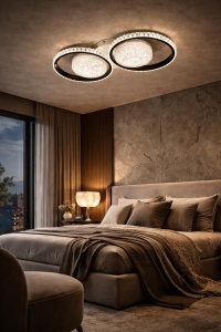 Lustră LED modernă cu două inele ovale iluminate și design cristalin