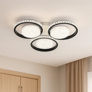 Lustră LED modernă cu trei cercuri luminoase și detalii decorative cristaline