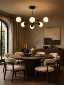 Lustră modernă neagră cu globuri opal, design minimalist pentru iluminat elegant în living sau dormitor