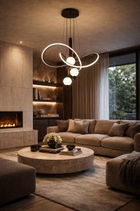 Lustră modernă suspendată cu design abstract, LED integrat și globuri luminoase opal, finisaj negru elegant, ideală pentru living, dining sau interioare contemporane