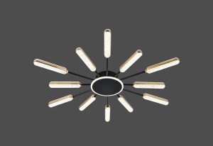 Lustră LED modernă neagră, cu brațe multiple dispuse radial și tuburi luminoase orientate spre exterior