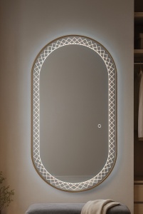 oglindă LED ovală cu design elegant și lumini reci calde neutre