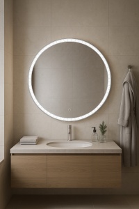 Oglindă rotundă de baie cu LED și ramă acrilică modernă, iluminare rece, caldă și neutră cu touch control