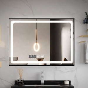 oglindă dreptunghiulară modernă cu iluminare LED integrată, afişaj digital pentru oră şi touch control, cu ramă neagră