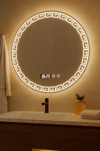 oglindă rotundă cu model geometric, ceas digital și iluminare LED rece, calda si neutra,  pentru baie modernă