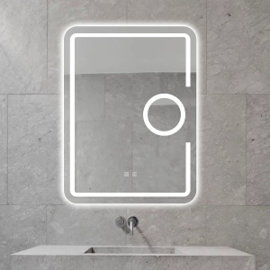 oglindă dreptunghiulară cu iluminare LED, funcție de dezaburire și lupă cosmetică integrată, ideală pentru baie modernă