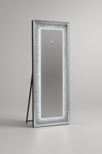 oglindă de podea cu ramă din sticlă, decorată cu strassuri, iluminare LED, cu suport