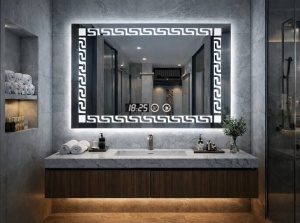 Oglinda baie iluminata LED cu model geometric si ceas digital