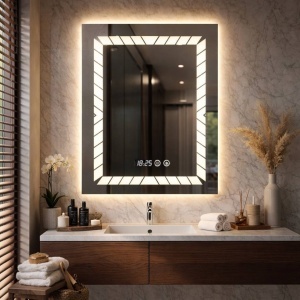 Oglinda LED pentru baie cu ceas digital si iluminare perimetrala