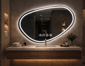 Oglinda baie LED forma organica cu iluminare si afisaj digital design modern