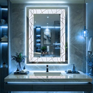 Oglinda baie LED dreptunghiulara cu iluminare perimetrala si afisaj digital, design modern