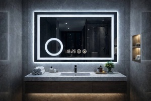 Oglinda LED DECORIALE cu Dezaburire , Ceas , Termometru si Inel pentru Cosmetica 90x70cm - "Radian"