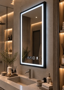 Oglinda baie LED cu rama neagra, afisaj digital si senzor de miscare