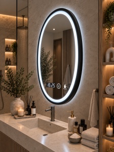 Oglinda baie LED ovala cu rama neagra, afisaj digital si senzor de miscare