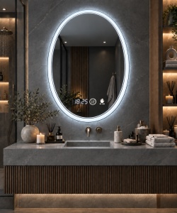 Oglinda baie LED ovala cu iluminare integrata, afisaj digital si senzor de miscare