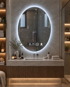 Oglinda baie LED ovala cu iluminare integrata, afisaj digital si senzor de miscare