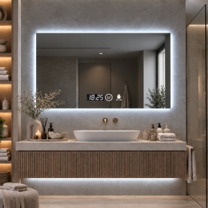 Oglinda moderna pentru baie cu LED, functii smart si senzor de miscare