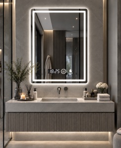 Oglinda moderna pentru baie cu LED, functii smart si senzor de miscare