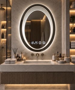 Oglinda baie LED ovala verticala cu afisaj digital si buton touch, design modern