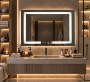 Oglinda baie dreptunghiulara cu LED, display digital si functie touch