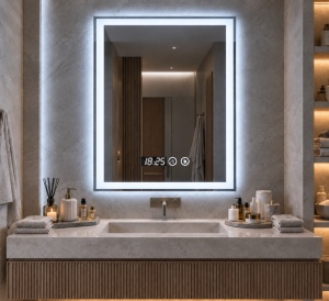 Oglinda baie dreptunghiulara cu LED, display digital si functie touch