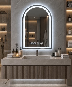 Oglinda baie LED cu forma arcuita, afisaj digital si buton touch, design modern