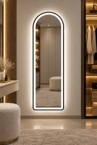 Oglinda LED verticala cu rama neagra si buton touch, design modern pentru dressing