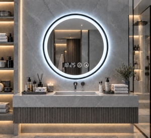 Oglinda smart rotunda cu rama neagra, ceas digital si buton touch