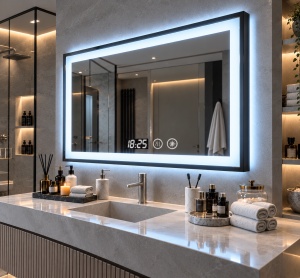 Oglinda smart dreptunghiulara cu rama neagra, ceas digital si buton touch