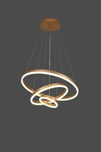 Lustră LED suspendată modernă cu trei inele luminoase aurii, dispuse în design spirală elegantă