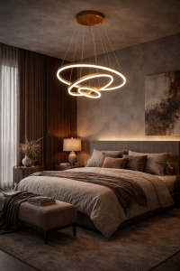 Lustră LED suspendată modernă cu trei inele luminoase aurii, dispuse în design spirală elegantă
