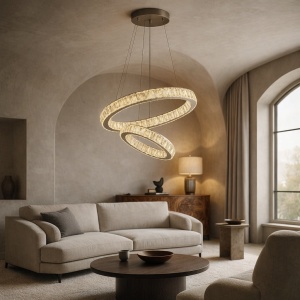 Lustră LED modernă cu două inele suspendate, cristale strălucitoare și design elegant încrucișat pentru iluminat decorativ