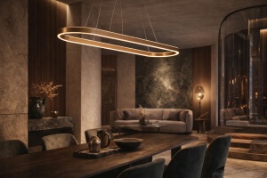 Lustră LED suspendată ovală, design modern aurit cu lumină integrată