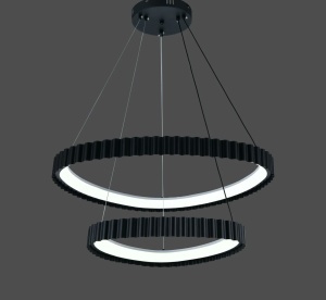 Lustră LED modernă cu două cercuri suspendate negre, design minimalist pentru living, iluminare decorativă eficientă, perfectă pentru interioare contemporane