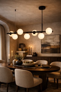 Lustră lineară modernă neagră cu globuri opal rotunde, iluminat suspendat elegant pentru living sau dining în stil contemporan