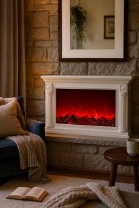 Șemineu decorativ alb cu design elegant și efect vizual de foc