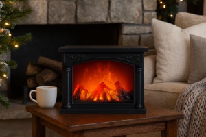 Șemineu decorativ de interior negru cu flacără artificială, perfect pentru holuri spațioase sau camere de zi