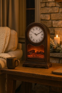 Șemineu decorativ maro închis cu ceas clasic și flacără artificială, model elegant pentru interior modern
