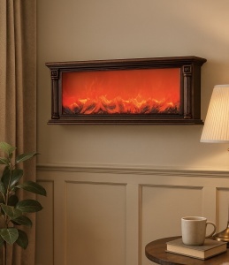 șemineu decorativ electric vintage maro, utilizabil de masă și suspendat pe perete