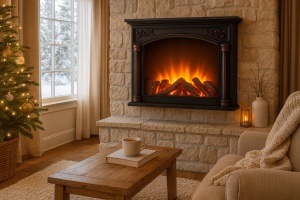Șemineu decorativ electric cu efect de flăcări și jar, rama clasică negru-auriu, pentru decor interior