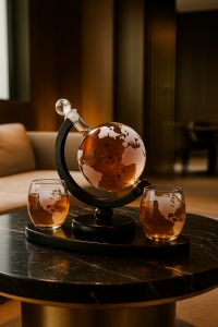 set elegant pentru whiskey cu decantor în formă de glob pământesc și două pahare gravate, pe suport din lemn