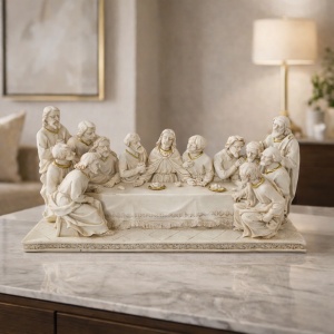 Statuetă decorativă Cina cea de Taină cu Iisus Hristos și cei 12 apostoli, ornament religios creștin pentru interior