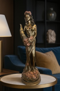 Figurină zeiță a prosperității, cu corn al abundenței plin de flori, pe soclu decorativ