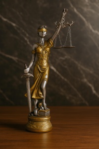 Statuetă elegantă a zeiței Justiției, cu balanță și sabie, simbol al echilibrului și imparțialității