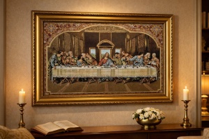Tablou decorativ religios Cina cea de Taină, scenă clasică cu Iisus și apostolii, în ramă ornamentală