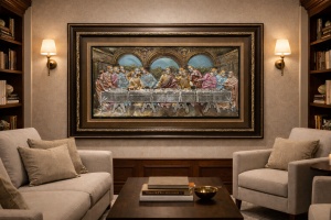 Tablou decorativ Cina cea de Taină cu ramă maro ornamentată, decor religios pentru perete