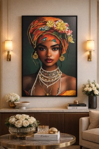 Tablou decorativ cu portret de femeie africana, turban colorat si bijuterii elegante
